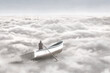Illustration of man on a boat navigating on a sea of clouds, surreal dream abstract concept