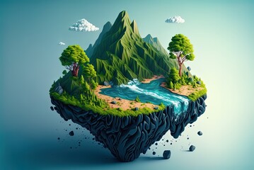 Fototapete - Ethereal green island floating in the sky, complete with a mountain, a river, and a waterfall. Fantasy island design abstracted in the shape of an isometric triangle. Generative AI