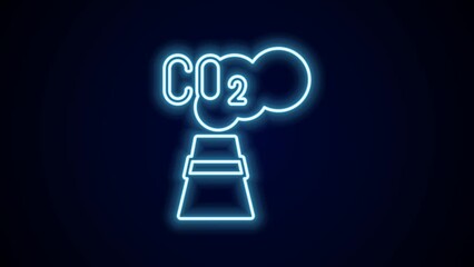 Poster - Glowing neon line CO2 emissions in cloud icon isolated on black background. Carbon dioxide formula, smog pollution concept, environment concept. 4K Video motion graphic animation