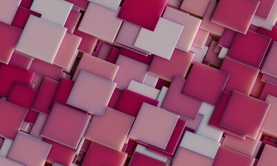 Wall Mural - Abstract digital wallpaper design of magenta pink cubes on a plane with intersecting geometry. Subsurface scattering . 3d render. Three dimensional of mosaic tiles. Trend viva magenta color 2023 year.