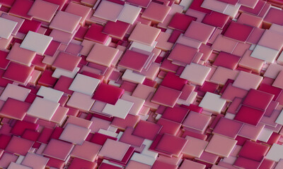 Wall Mural - Abstract digital wallpaper design of magenta pink cubes on a plane with intersecting geometry. Subsurface scattering . 3d render. Three dimensional of mosaic tiles. Trend viva magenta color 2023 year.