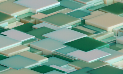 Wall Mural - Abstract digital wallpaper design of green blue cubes on a plane with intersecting geometry . Subsurface scattering . 3d render. Three dimensional. Beautiful office illustration of mosaic tiles