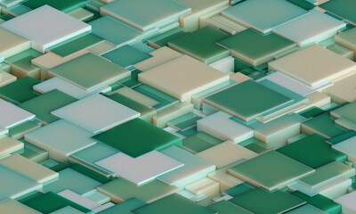 Wall Mural - Abstract digital wallpaper design of green blue cubes on a plane with intersecting geometry . Subsurface scattering . 3d render. Three dimensional. Beautiful office illustration of mosaic tiles