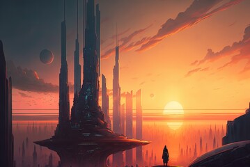 Fototapete - Illustration of a sci-fi metropolis in the future, painted digitally, with a skyscraper at sunset Generative AI