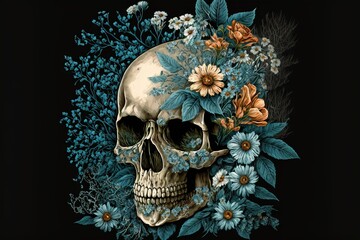  a skull with flowers on its head and a black background with a blue border around it and a black background with a white skull. Generative AI