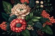  a painting of flowers and leaves on a black background with red berries and green leaves on the bottom of the picture. Generative AI