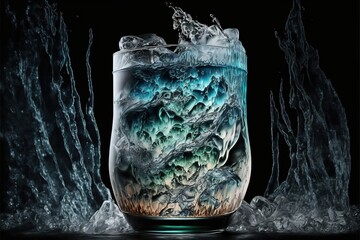 Wall Mural -  a glass of water with ice and water splashing out of it on a black background with water droplets. Generative AI