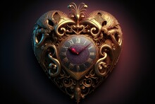  A Heart Shaped Clock With A Red Face And A Gold Frame With A Red Heart On It.