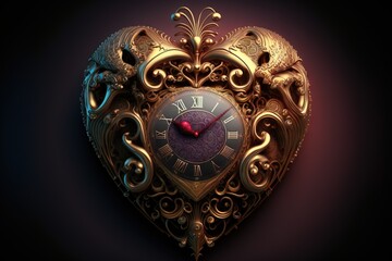 Wall Mural -  a heart shaped clock with a red face and a gold frame with a red heart on it. Generative AI