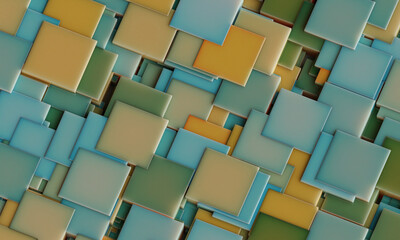 Wall Mural - Abstract digital wallpaper design of green yellow blue cubes on a plane with intersecting geometry . Subsurface scattering . 3d render. Three dimensional. Beautiful office illustration of mosaic tiles