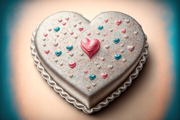 Canvas Print -  a heart shaped cake with hearts on it on a table top with a blue background and a pink heart. Generative AI