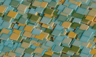 Wall Mural - Abstract digital wallpaper design of green yellow blue cubes on a plane with intersecting geometry . Subsurface scattering. 3d render. Three dimensional. Beautiful office illustration of mosaic tiles