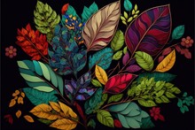  A Painting Of A Bunch Of Leaves On A Black Background With A Black Background And A Black Background With A Black Background.