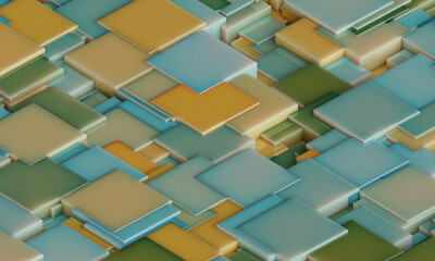 Wall Mural - Abstract digital wallpaper design of  yellow blue green cubes on a plane with intersecting geometry. Subsurface scattering . 3d render. Three dimensional. Beautiful office illustration of mosaic tiles