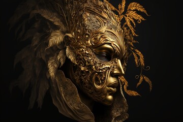 Wall Mural -  a golden mask with feathers on it's face and a black background with a black background behind it. generative ai