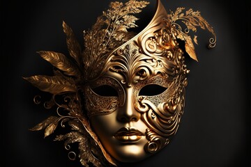  a golden mask with leaves on it on a black background with a gold filigreet on the face. Generative AI