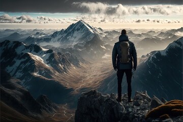  a man standing on top of a mountain looking at the mountains below him and a sky filled with clouds. Generative AI