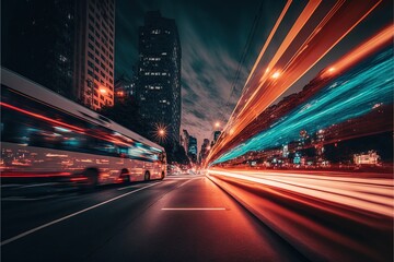 Canvas Print -  a city street with a bus and cars moving fast at night time with long exposure of the lights on the street. Generative AI