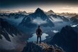 © Oleg - a man standing on top of a mountain looking at the mountains below him and a lake below him in the middle of the picture. Generative AI