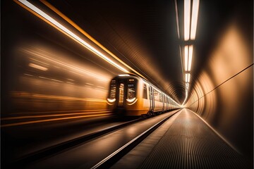  a train is moving through a tunnel with lights on it's sides and a long train on the other side. Generative AI