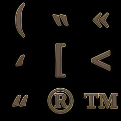 3D Rendering Set of Leather and Gold Luxurious Font Alphabet, Numbers and Punctutation Marks