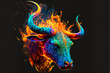 bull head with flames on a black background in colored fire
