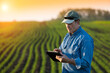 © Designpics - A farmer stands beside a farm field using a tablet; Alberta, Canada