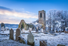 Shanrahan Church, An Old Church Ruins And Graveyard Covered In Snow At Sunrise; Adrfinnan, County Tipperary, Ireland