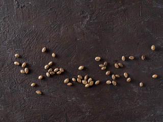 Hemp seeds top view. Unpeeled raw organic hemp seed on black background. Copy space.