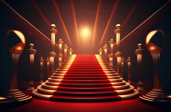 Wall Mural -  - Red carpet and ceremonial staircase with golden columns. Postproducted generative AI digital illustration.