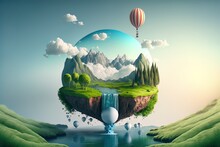 Surreal Float Landscape With Waterfall Paradise Idea On Blue Sky Cloud Floating Island With River Stream On Green Grass With Air Balloon. Generative AI