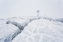 Frozen Ice Formations On The Summit Of Galtymor Mountain With A Celtic Cross In Winter, Galty Mountains; County Tipperary, Ireland