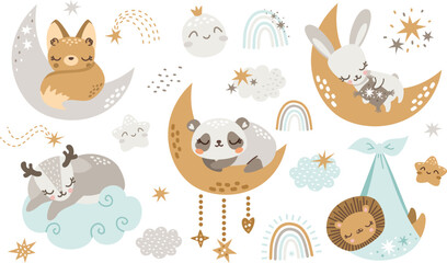 Wall Mural - Milay's collection of sleeping animals. Cute hare, panda, deer, fox, lion sleeping on the moon and cloud. A newborn lion cub in a diaper. Clouds, stars, rainbow