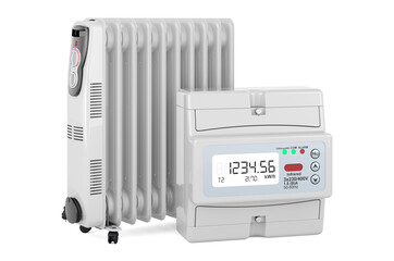 Poster - oil heater with electric meter. energy consumption concept. 3d rendering