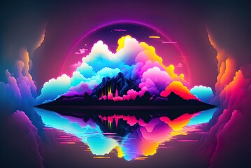 Wall Mural - Clouds and a neon sky bounce off of the sea in this surreal abstract environment. Neon circle in a futuristic environment. Ambient UV light with a rainbow of colors. Generative AI