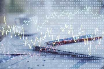 Poster - Forex graph hologram on table with computer background. Double exposure. Concept of financial markets.