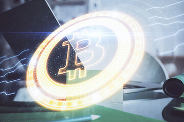 Aufkleber - Double exposure of blockchain and crypto economy theme hologram and table with computer background. Concept of bitcoin cryptocurrency.