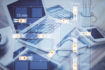 Poster - Desktop computer background in office with automobile hologram drawing. Multi exposure. Tech concept.