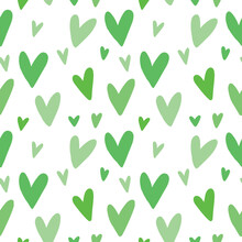 Seamless Pattern With Green Hearts On White Background. Simple Doodle Cartoon Flat Love Concept For Texture, Wrapping Paper, Wallpaper. Concept Of Nature Friendly, Save Planet, Ecology, Health