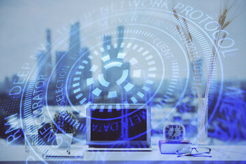 Aufkleber - Multi exposure of table with computer on background and data theme drawing. Concept of innovation.
