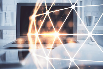 Poster - Computer on desktop with social network theme icon. Multi exposure. Concept of international connections.