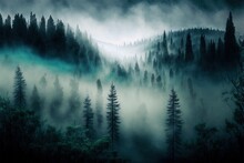 Heavy Fog Blankets The Woodland Floor. Perspective From Above; Haze And Smoke Obscure The View. Nature At Its Purest In A Wooded Setting. The Forest Is A Fabled Mythical Land. Generative AI