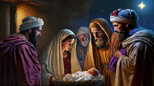 The Magi Brought Gifts To The Baby Jesus, Stand Next To Mary And Joseph, The Star Of Bethlehem Is Visible. Three Kings' Day, Little Christmas.