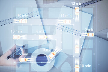 Poster - Tech autopilot theme hologram over woman's hands taking notes background. Concept of hightech. Double exposure