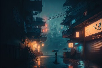 Wall Mural - Nighttime dystopian art in the style of cyberpunk desktop background. Cloudy and depressing, the future holds nothing but rain and darkness. Generative AI