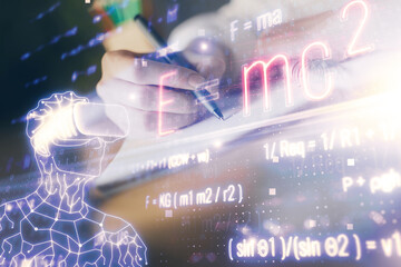 Poster - Science formula hologram over woman's hands taking notes background. Concept of study. Double exposure