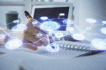 Poster - Social network theme hologram over woman's hands writing background. Concept of international people connect. Double exposure