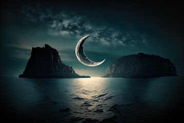Wall Mural - Over the ocean, a crescent moon shines at night. Generative AI