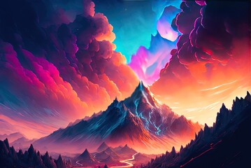 Fototapete - Full-Color Banner Backdrop Landscape with Clouds and Mountains. Speculative Setting Imagery Based on the Conceptual Generative AI