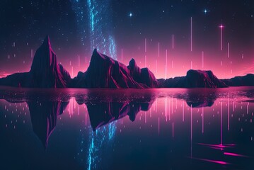 Wall Mural - a dazzling laser vertical line abstract neon backdrop, sparkling crystals against a starry night, and a mirrored pool. Speculative and futuristic landscapes Generative AI